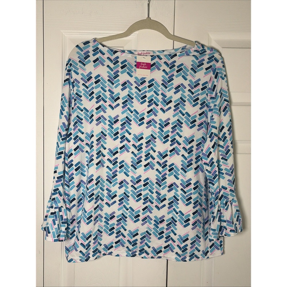 Fresh Produce Bell Sleeve Top Womens XL Blue Pink Geometric Cotton Modal Size XL
